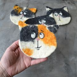Felted wool funny cat coasters Handmade custom drink coster Custom personalized cat snack mat Small picnic placemat