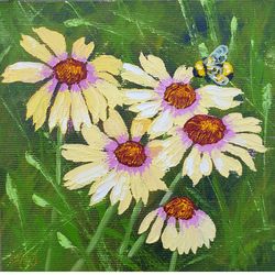 Bee Painting Daisy Original Art Floral Artwork Flower Impasto Painting Oil