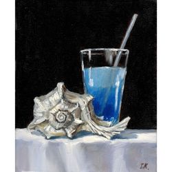 Sea in a glass. Still life with shell. Original oil painting 10x8''