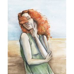 redhead woman painting ginger girl original art female figure artwork woman watercolor portrait wall art by alyonart