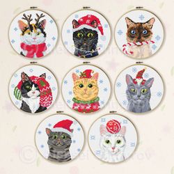 Cat Cross Stitch Pattern Set of 8, Christmas Cross Stitch, Cat Lover Gift, Cat Embroidery, Funny Cat Cross Stitch