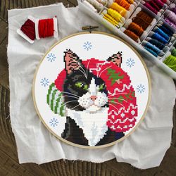 Cat Cross Stitch Pattern, Tuxedo Cat Christmas Cross Stitch, Cat Decor, Cat Lover Gift, Cat Embroidery, Funny Cat