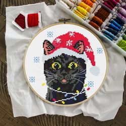 Cat Cross Stitch Pattern, Black Cat Christmas Cross Stitch, Cat Decor, Cat Lover Gift, Cat Embroidery, Funny Cat
