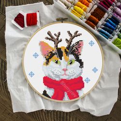 Cat Cross Stitch Pattern, Calico Cat Christmas Cross Stitch, Cat Decor, Cat Lover Gift, Cat Embroidery, Funny Cat