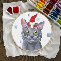 Cat Cross Stitch Pattern, Gray Cat Christmas Cross Stitch, Cat Decor, Cat Lover Gift, Cat Embroidery, Funny Cat