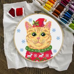 Cat Cross Stitch Pattern, Orange Cat Christmas Cross Stitch, Cat Decor, Cat Lover Gift, Cat Embroidery, Funny Cat