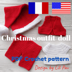 outfit for dolls, Christmas PDF crochet pattern (English and French language),  Digital product