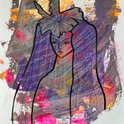 Beautiful girl with purple hair, spirit of the forest, defender of nature original acrylic work, acrylic postcard