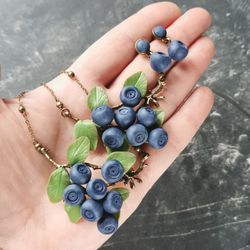 Jewelry set with blueberries Blue delicate bracelet Branch necklace Berry earrings stud Botanical jewelry Necklace chain