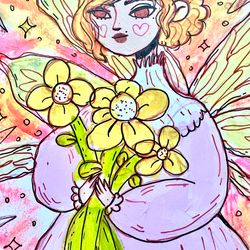 The original postcard fairy holds a bouquet of flowers in her hands.