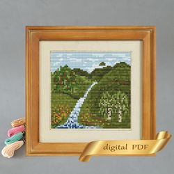 Summer landscape pattern pdf cross stitch, Easy embroidery DIY, small pattern