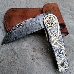 beautiful remarkable damascus pocket knife, survival knife, hand forged knife, camping knife
