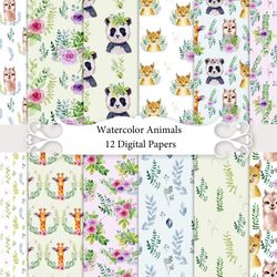 watercolor safari animals, seamless patterns.