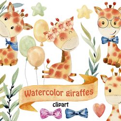 Watercolor giraffes clipart.
