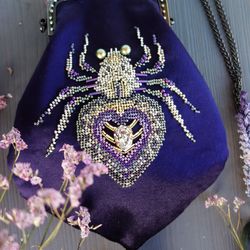 Silver Spider Heart Purple Velvet Mini Bag
