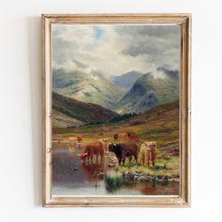 CANVAS ART PRINT | Highland Cattle Grazing on a Mist Covered Hillside Oil Painting | Vintage Highland Cow Painting