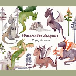watercolor dragons clipart, png, nursery art.
