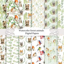 watercolor woodland animals, seamless patterns.
