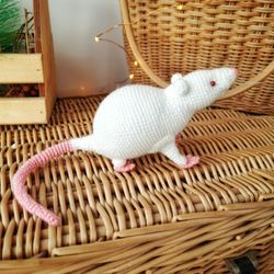 white rat with red eyes toy. soft toy mouse nature. little white mouse original gift for kids. christmas gift miniature