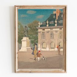 canvas art print | mother daughter and dog on the parisian street | vintage paris painting | paris architecture | paris
