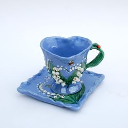 Small heart shaped cup Square saucer Blue porcelain Cup Saucer Set Lily of valley flowers Espresso coffee cup ladybug