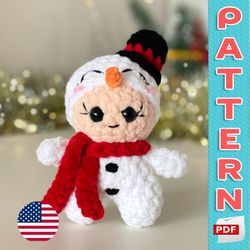 Snowman CROCHET PATTERN, Christmas Amigurumi Easy Doll Pattern Plushie, Xmas Handmade Gift