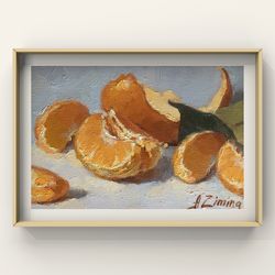 Tangerine painting, mini painting still life, original fruit painting for kitchen