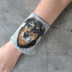 Custom dog portrait from photo Felted wool wrist cuff  Cute women wristband Cover arm warmers Pet replica
