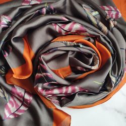 Square silk scarf brown, feather scarf