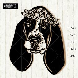 basset hound with flower crown svg, basset hound mom dad shirt design clipart cutfile cricut cameo vinyl sublimation /32