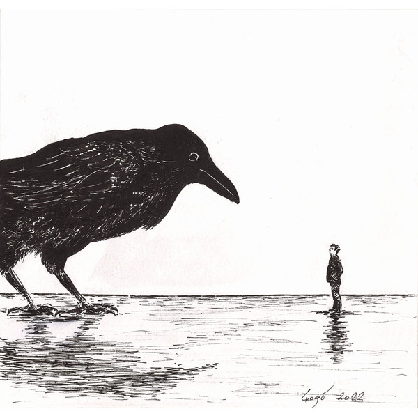 man having a conversation with a huge raven.jpg