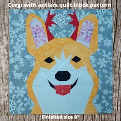 corgi with antlers quilt block pdf pattern 3 versions paper piecing
