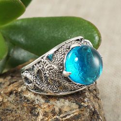 Silver Snake Ring Teal Turquoise Aqua Sky Blue Glass Ring Adjustable Ring Statement Ring Jewelry Snake Lovers Gift 6810