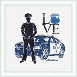 Cross stitch pattern Police Policeman Car Silhouette Monochrome Profession Lifeguard Protection counted crossstitch PDF
