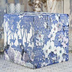 White and Blue Abstract Tree Blossom with Silver Letters and Glitter Drops Mixed Media Collage Tissue Box Cover Square