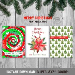printable merry christmas card, watercolor green christmas trees digital files download