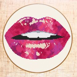Lips cross stitch pattern Modern cross stitch PDF Pink Watercolor cross stitch Cool Girl cross stitch Makeup