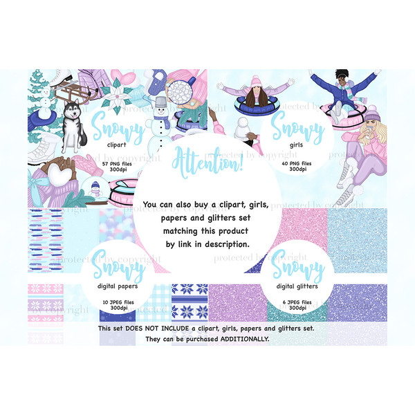 Cozy winter clothes, hats, mittens, sweaters, jackets. Girls ride snow tubes in warm winter clothes. Winter digital papers with snowflakes, checkered patterns. 