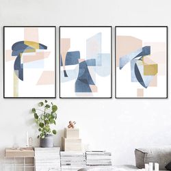 Abstract Triptych Blue Pink Wall Art Prints Set Of 3 Large Artwork Digital Download Living Room Decor Abstract Painting