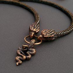 eagles necklace, beads and bronze necklace, bronze eagles and snake