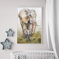 Mother and baby painting Elephant wall art African painting Elephant canvas Safari baby shower Jungle elephant Wildlife
