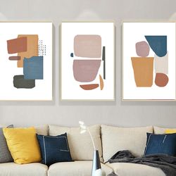 geometric abstract digital prints, set of 3 wall art large poster home decor, geometric art three prints navy yellow art