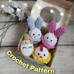 Amigurumi plush toys crochet patterns, little bunny, chick, unicorn pattern Easter eggs crochet pattern