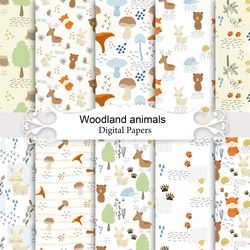 woodland animals, seamless patterns.