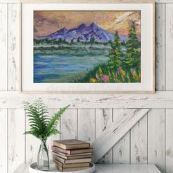 mountain landscape  oil painting  original painting calm lake