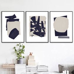 geometric print abstract set of 3 navy blue wall art three prints large poster instant download concept art triptych art