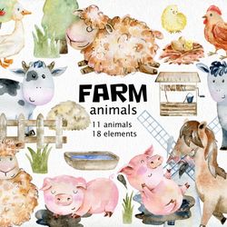 Farm animals, watercolor clipart.
