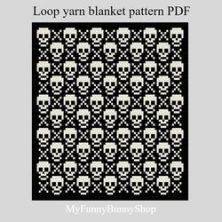 Loop yarn finger knitted Skulls Mosaic blanket pattern PDF Instant Download