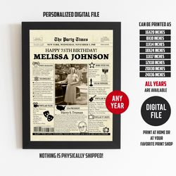 75th birthday newspaper poster sign printable, 75th birthday gift for men or women, back in 1948, 75th birthday sign