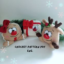 Crochet Christmas decoration: Reindeer, Gingerbread, Present,Pattern English, Amigurumi, Christmas, Decor, Pattern, PDF,